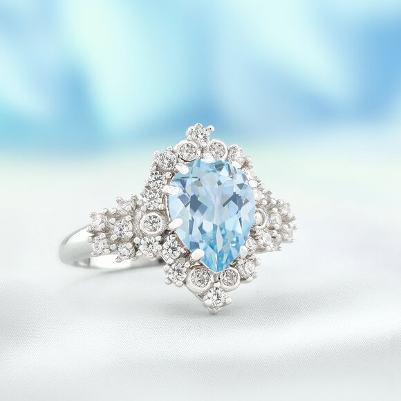 Pear Aquamarine Blue Gemstone Ring - 925 Sterling Silver Vintage Charmed Aroma - Picture 3 of 3
